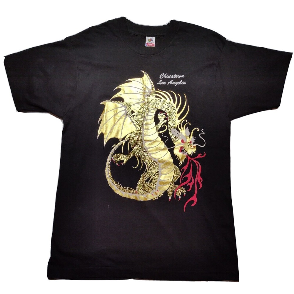 VTG Chinatown Los Angeles 1992 Gold‎ Foil Dragon Men Large Single Thread T-Shirt